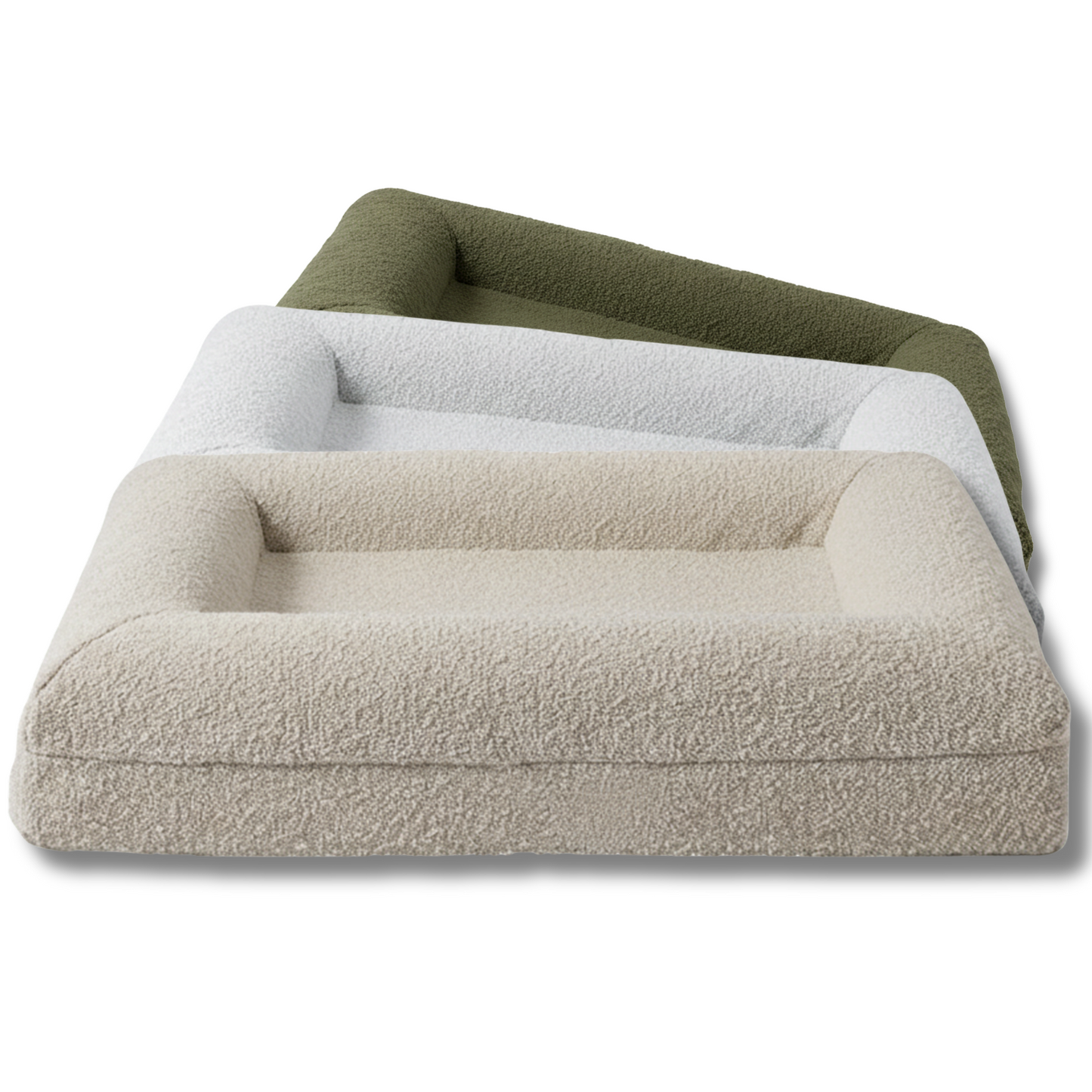 Three pet beds in beige, white, and green on a white background