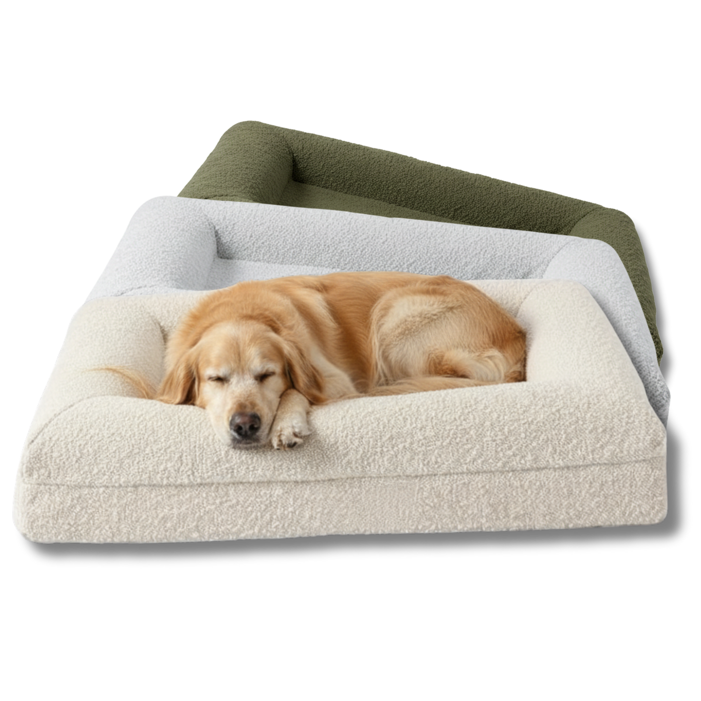Dog resting on a plush pet bed boucle luxurious jumbo sizes