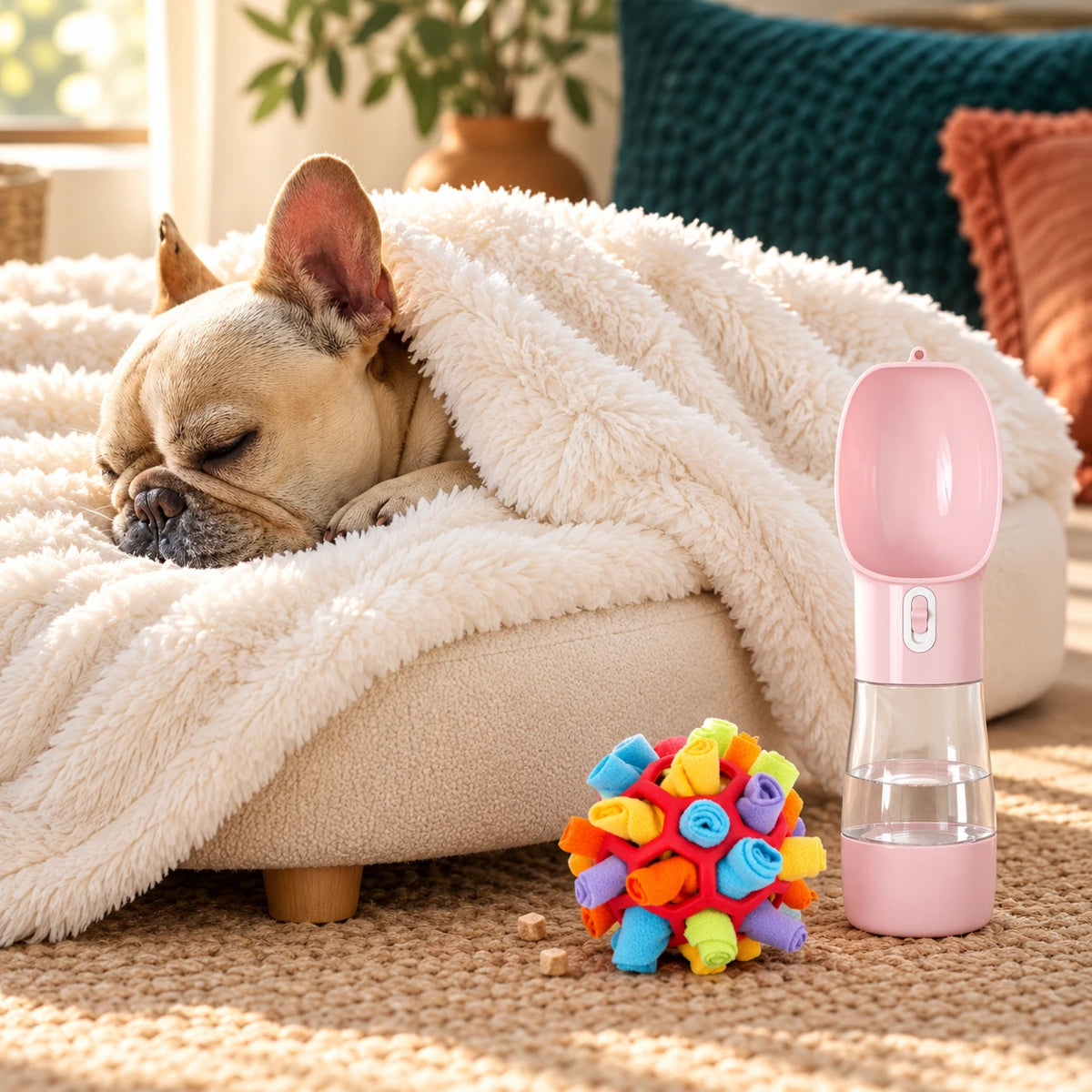Sleeping dog with a soft bed, colourful toy and portable water bottle