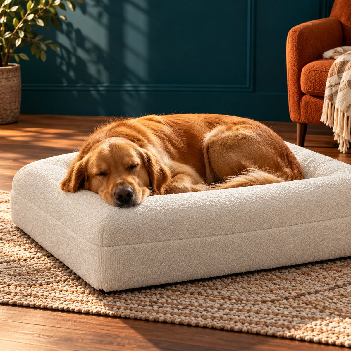 Golden retriever sleeping in a cream boucle dog bed