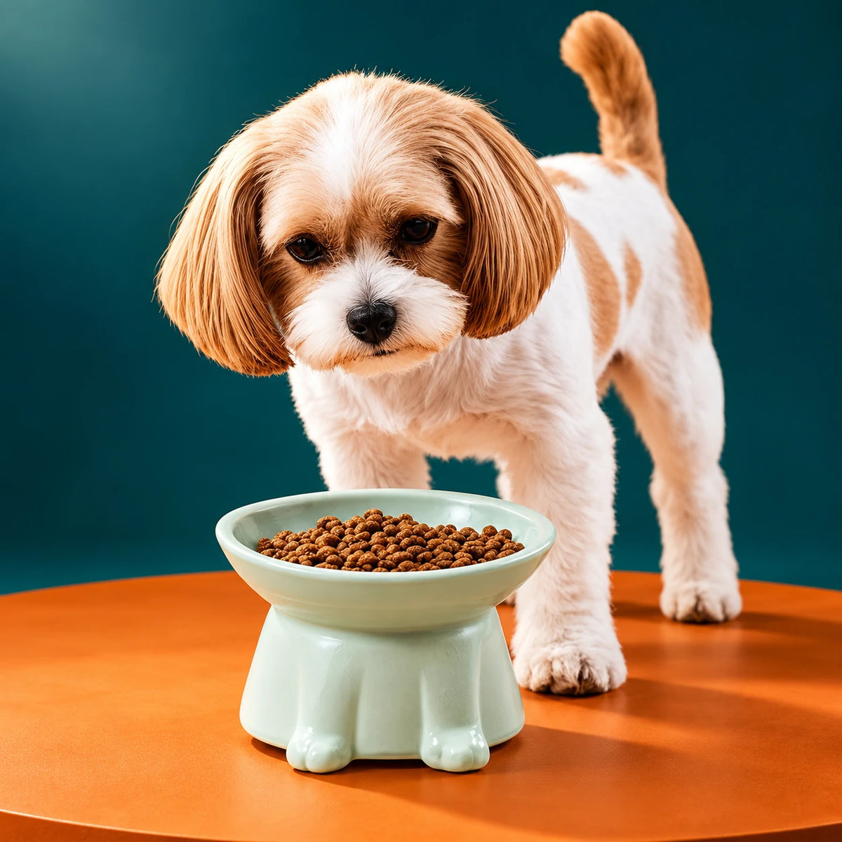 Dog beside a mint green food bowl