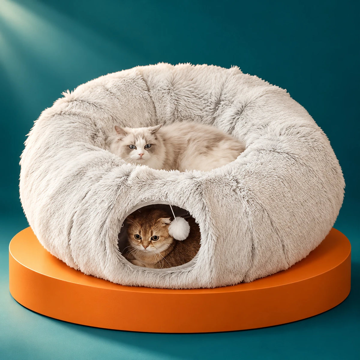 Cats relaxing in a soft nest bed and tunnel