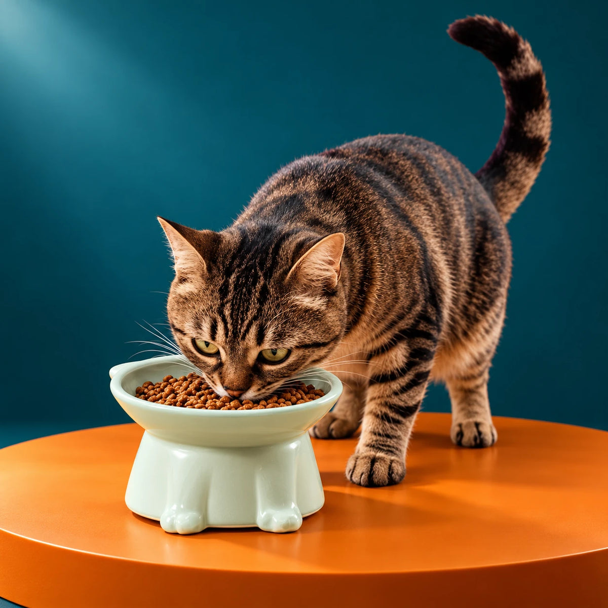 Cat eating from a mint green food bowl