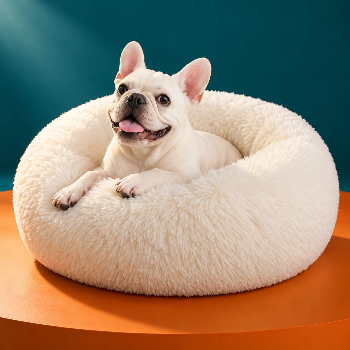 French bulldog resting in a cream dog bed