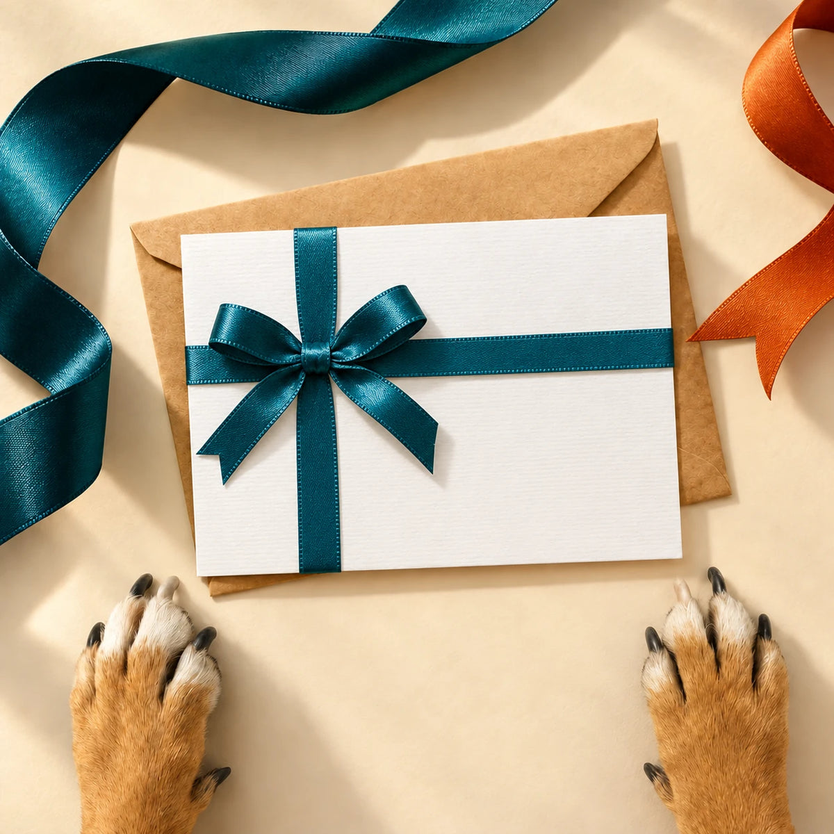 Gift card wrapped with a teal ribbon