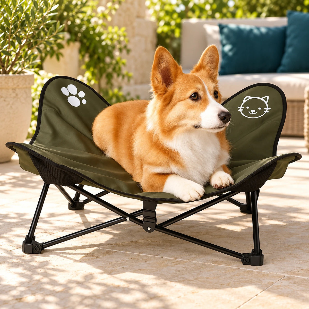 Corgi relaxing on a folding pet chair