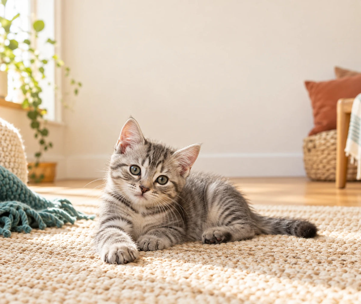 Tabby kitten resting on a soft rug