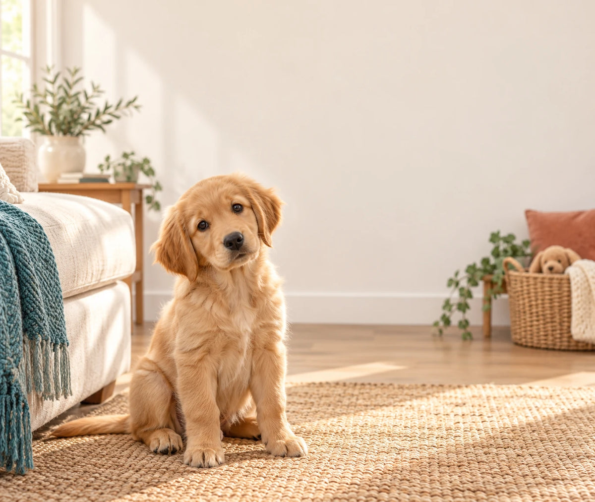 Golden retriever puppy in a bright living room