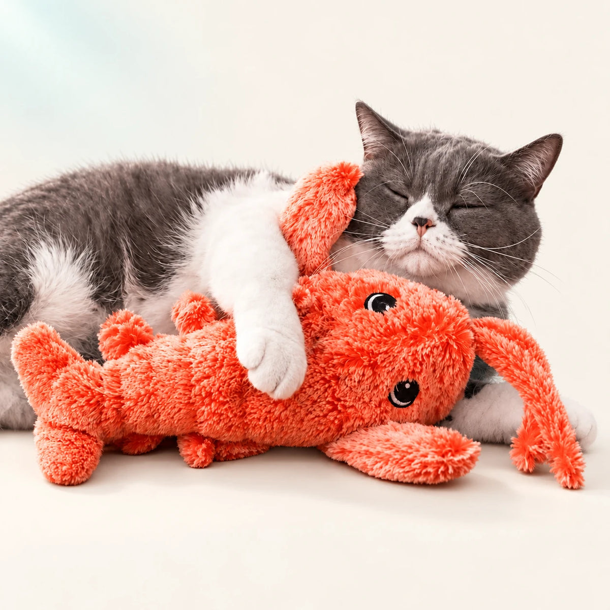 Cat cuddling an orange plush toy on a warm ivory background.