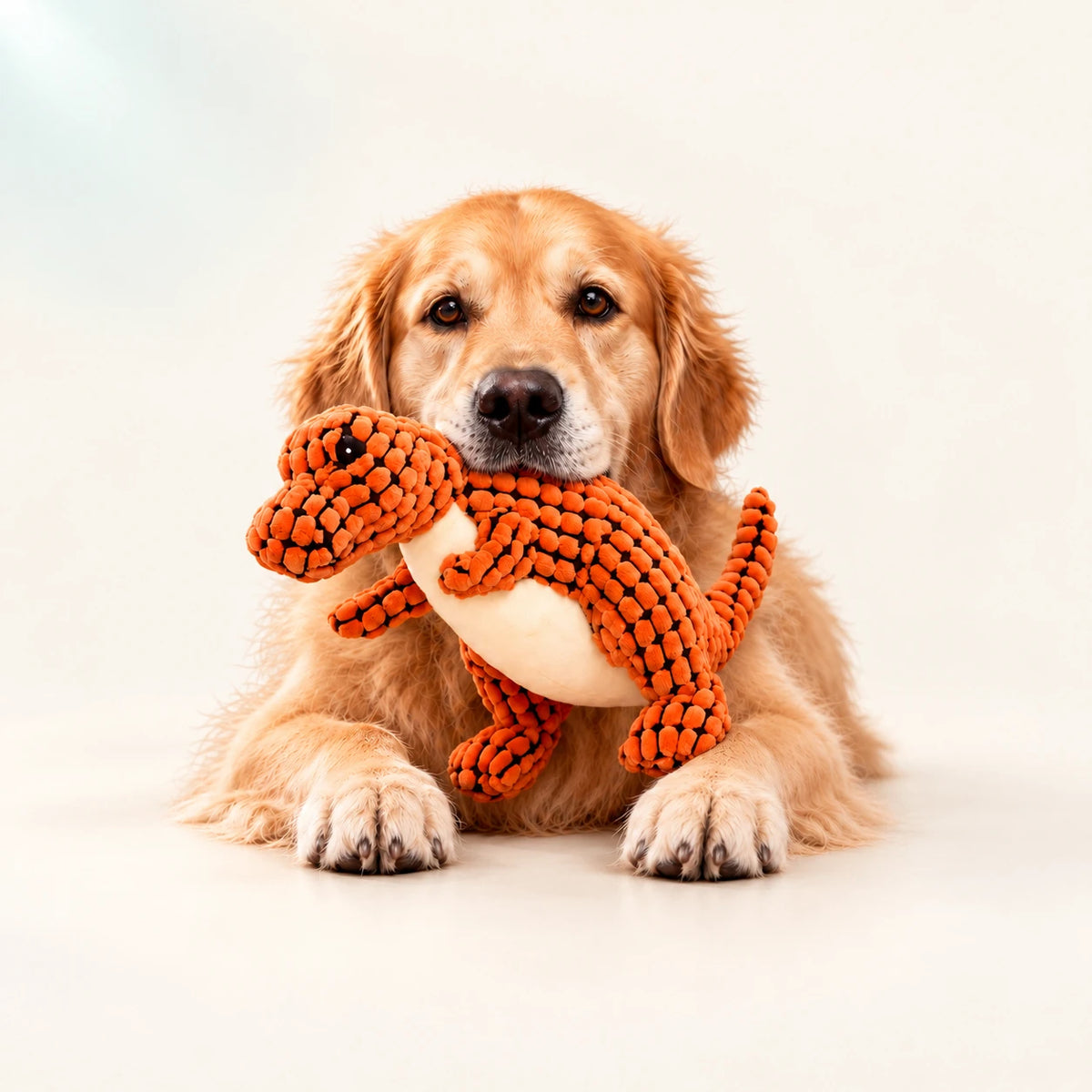 Front-facing golden retriever lying with an orange plush dinosaur toy.